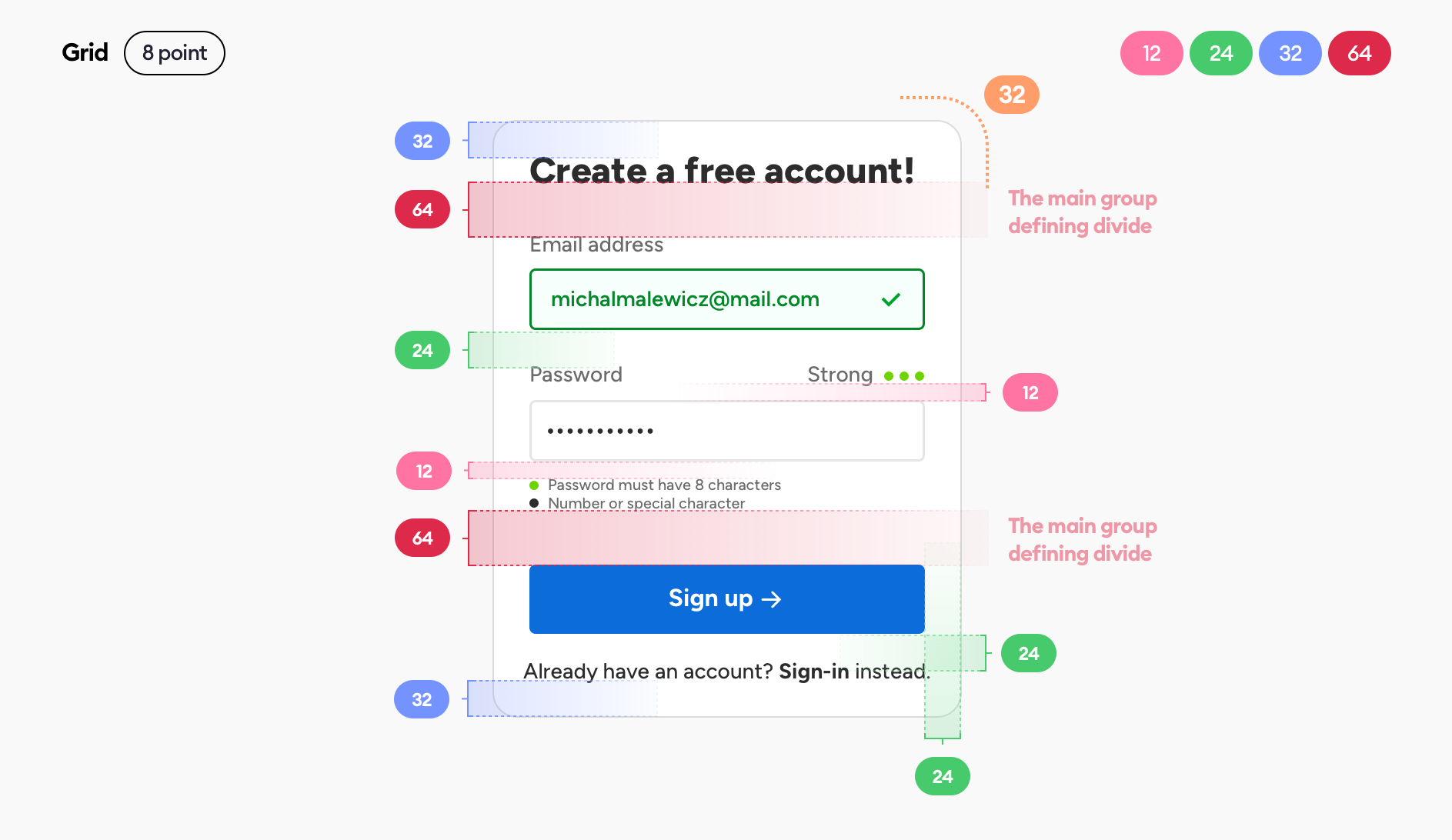 registration form spacing on an 8 point grid