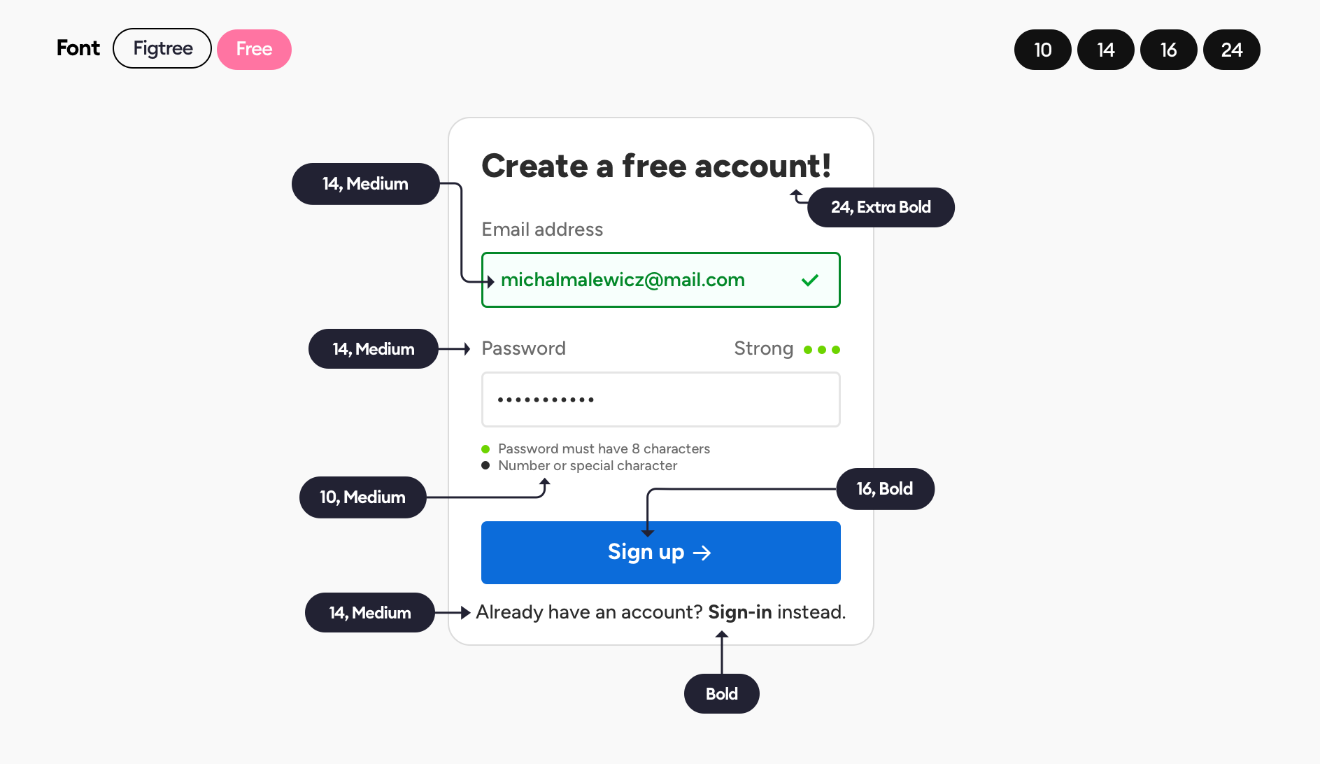 font settings in a registration form