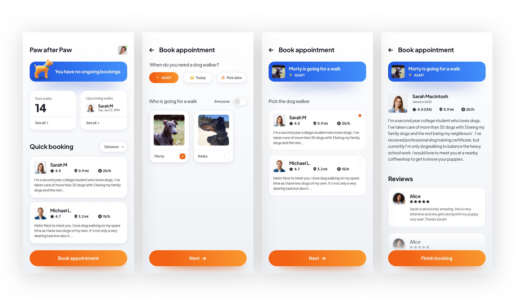 Redesigned Dog Walking app from Google UX Course high fidelity